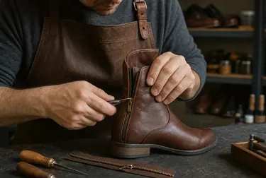 Profissional fazendo o conserto de zíper de uma bota.