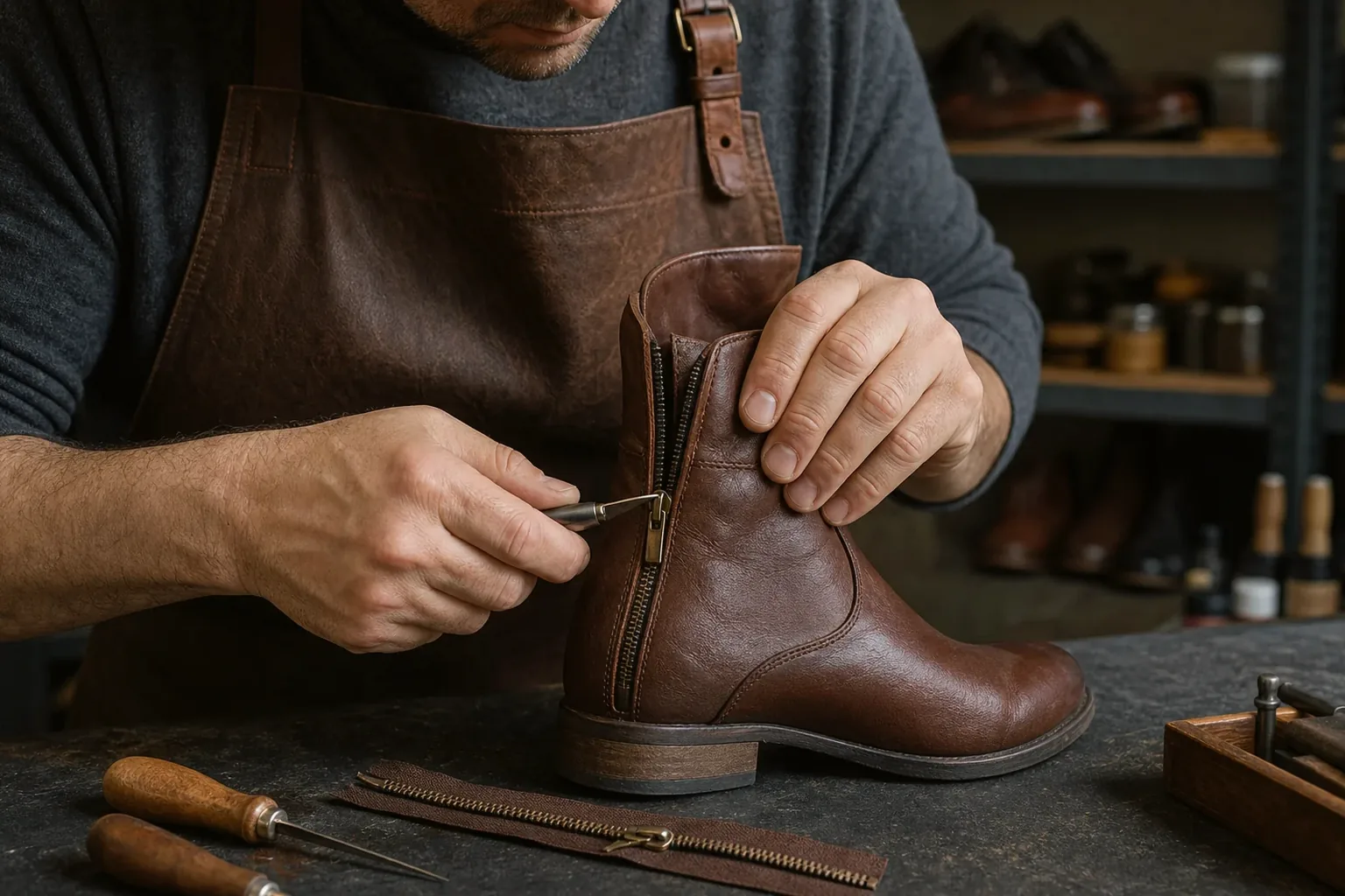 Profissional fazendo o conserto de zíper de uma bota.