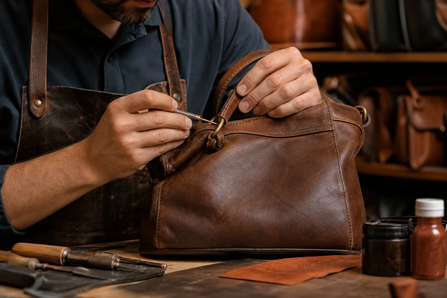 Profissional reformando uma bolsa de couro.